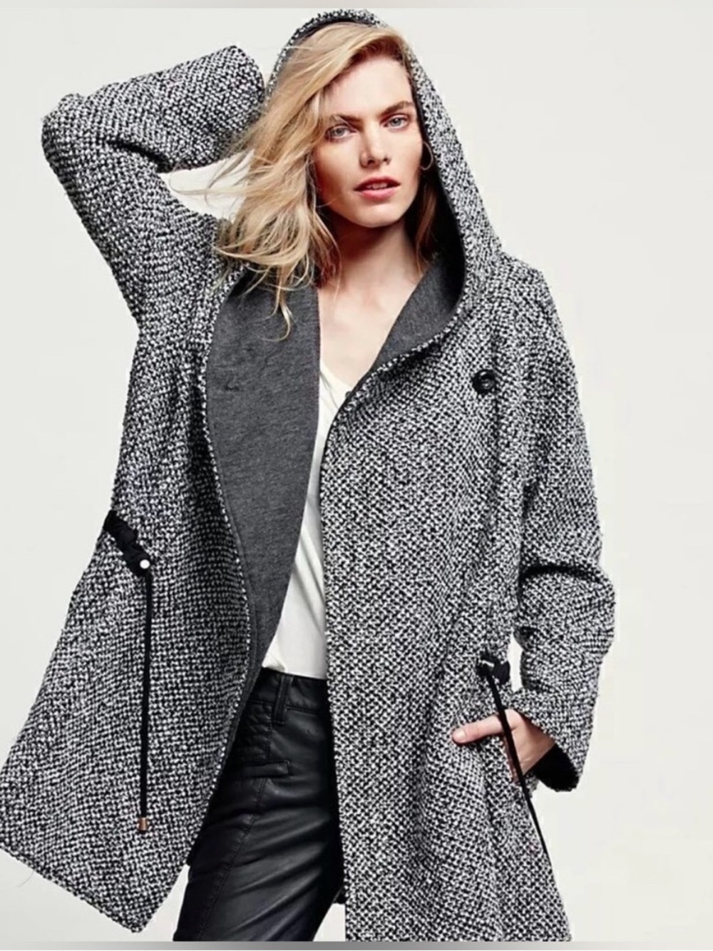 Free People Satellite Swing Women's Hooded Tweed Coat Size Small oversized boho